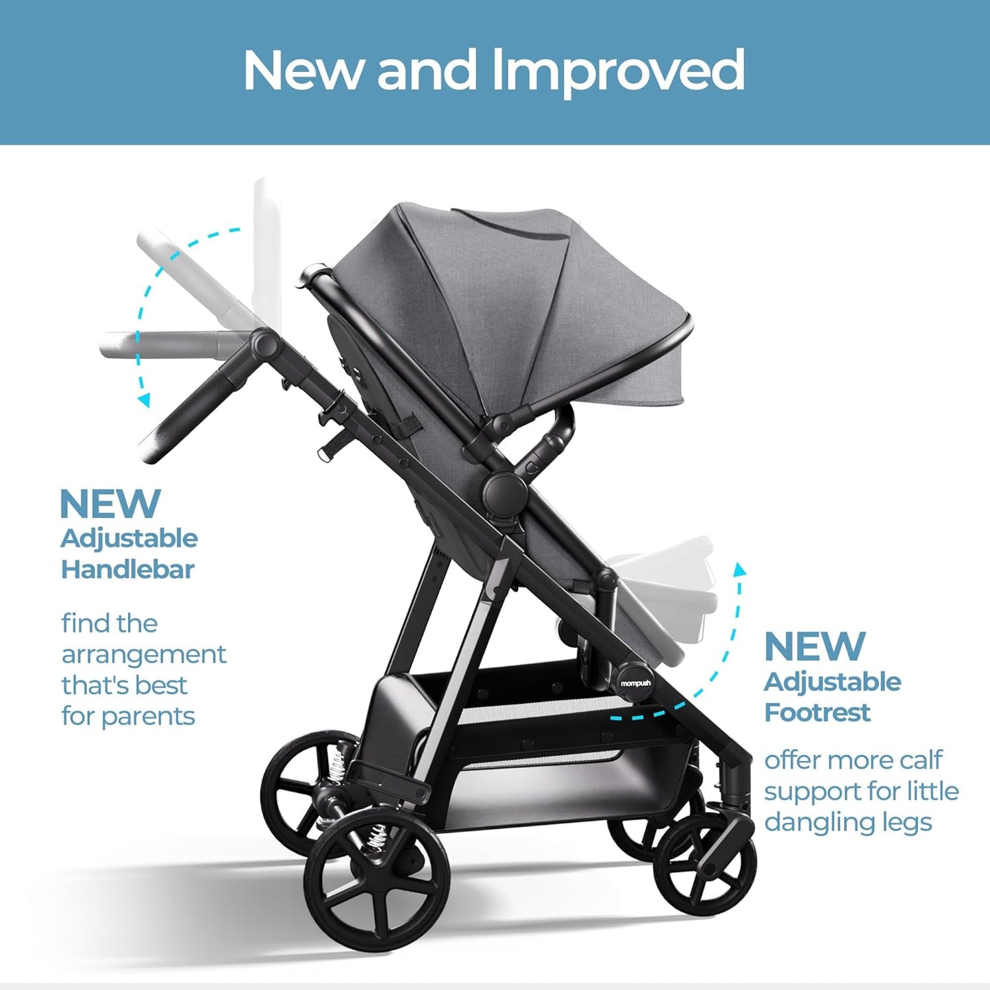 Mompush Baby Stroller, Convertible 2-in-1 with Bassinet Option, Infant Car Seat Compatible, Includes Adapter - Sturdy Full-Size Infant Stroller for Family Adventures