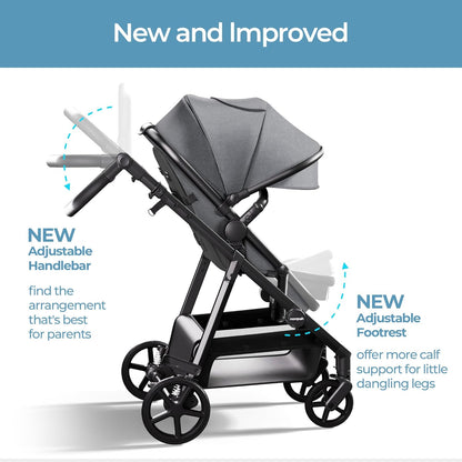 Mompush Baby Stroller, Convertible 2-in-1 with Bassinet Option, Infant Car Seat Compatible, Includes Adapter - Sturdy Full-Size Infant Stroller for Family Adventures