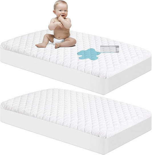 NTBAY 2 Pack Waterproof Mini Crib Mattress Protector, Quilted 24"x38" Fitted Mattress Cover - Machine Washable - Soft and Breathable Baby Mattress Pad Sheet for Mini Crib and Baby Playards, White