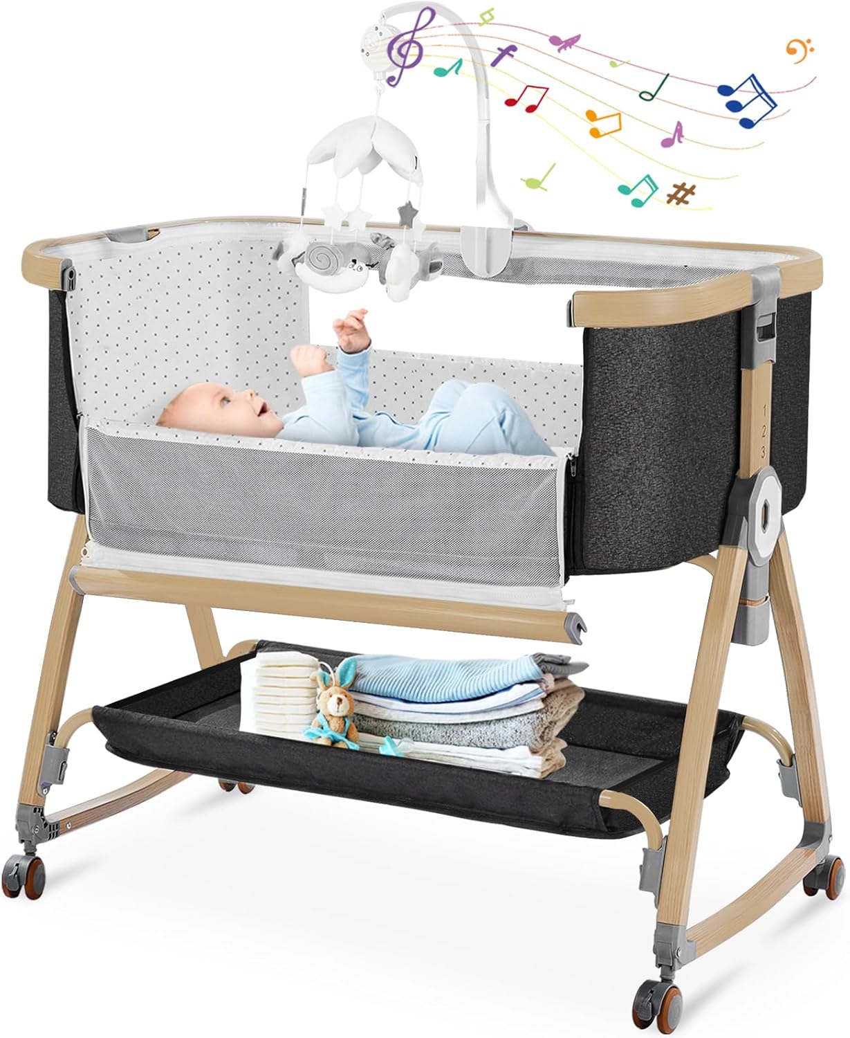 Bassinet Bedside Sleeper,Bedside Bassinet,Rocking Bassinet,3 in 1 Portable Bedside Crib with Mattress,Mobile,Mosquito Net,Storage Basket,6-Height Adjustable Baby Bassinet with Wheels for Newborn,Beige