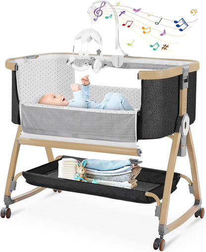 Bassinet Bedside Sleeper,Bedside Bassinet,Rocking Bassinet,3 in 1 Portable Bedside Crib with Mattress,Mobile,Mosquito Net,Storage Basket,6-Height Adjustable Baby Bassinet with Wheels for Newborn,Beige