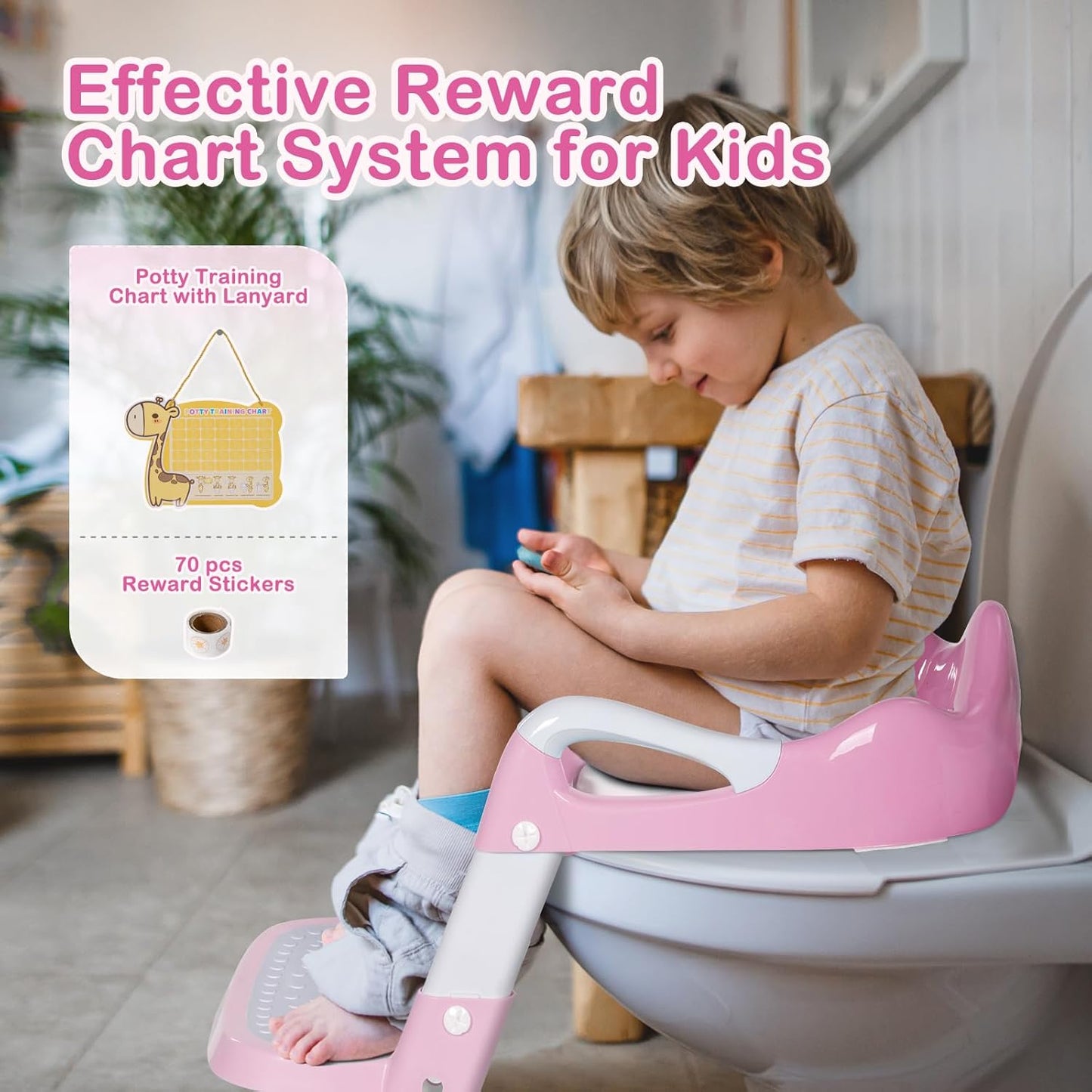 BRINJOY Potty Training Seat with Step Stool Ladder, Potty Toilet Toddler Seat w/Potty Training Chart & Cushion Handle, Kids Potty Training Toilet Chair for Girls Boys w/Non-Slip Pads Wide Step
