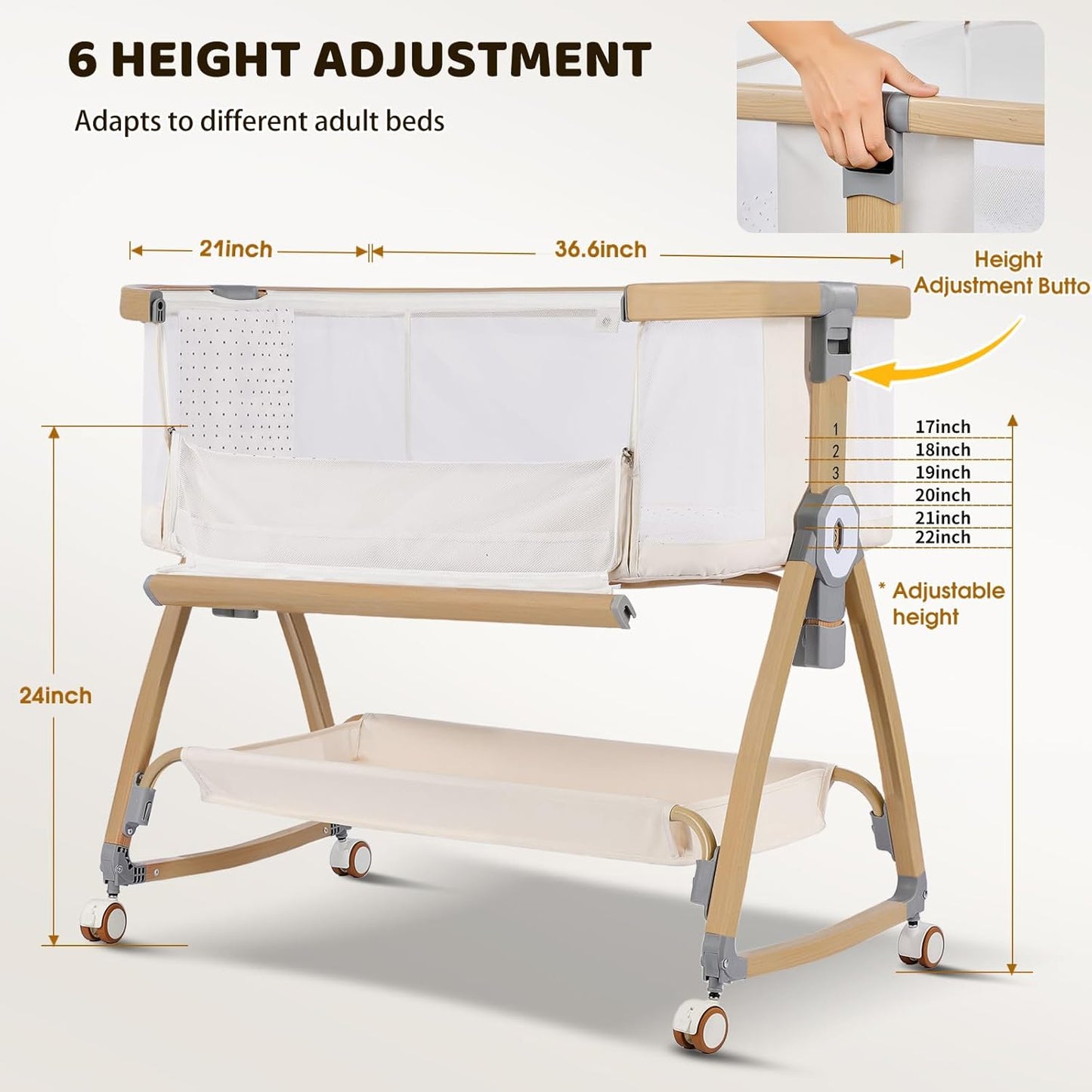 Bassinet Bedside Sleeper,Bedside Bassinet,Rocking Bassinet,3 in 1 Portable Bedside Crib with Mattress,Mobile,Mosquito Net,Storage Basket,6-Height Adjustable Baby Bassinet with Wheels for Newborn,Beige