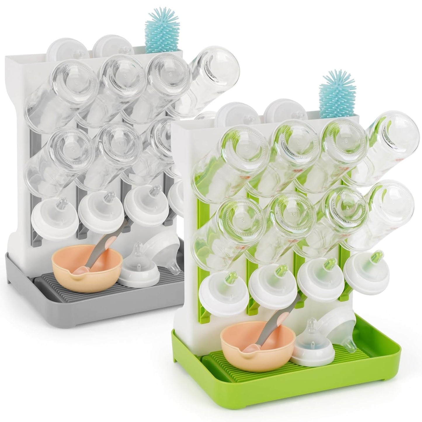 Baby Bottle Drying Rack, Space Saving Baby Bottle Organizer for Countertop, Vertical Bottle Dryer Holder with Brushes Holder, Large Bottle Storage Holder 12 Bottles & Baby Accessories Green