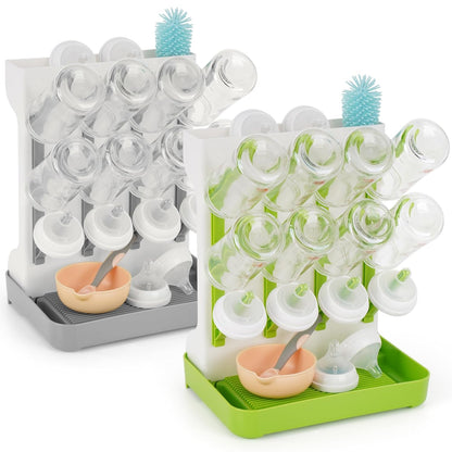 Baby Bottle Drying Rack, Space Saving Baby Bottle Organizer for Countertop, Vertical Bottle Dryer Holder with Brushes Holder, Large Bottle Storage Holder 12 Bottles & Baby Accessories Green