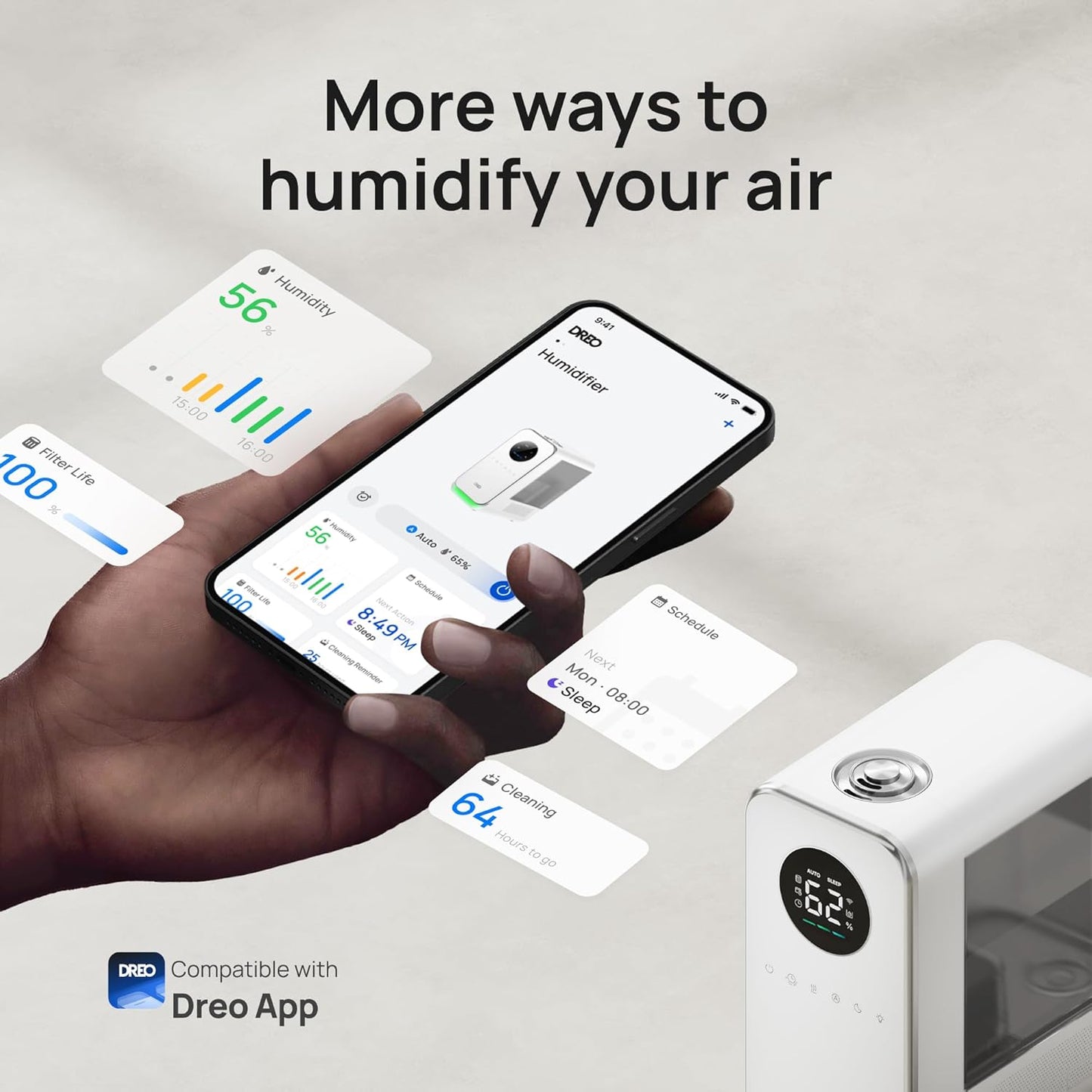 DREO Humidifiers for Bedroom, Top-filled Smart Quiet Cool Mist Humidifier for Large Room Home, Oil Diffuser & Nightlight, 50Hours Runtime for Indoor Plants, with Alexa/Google, White