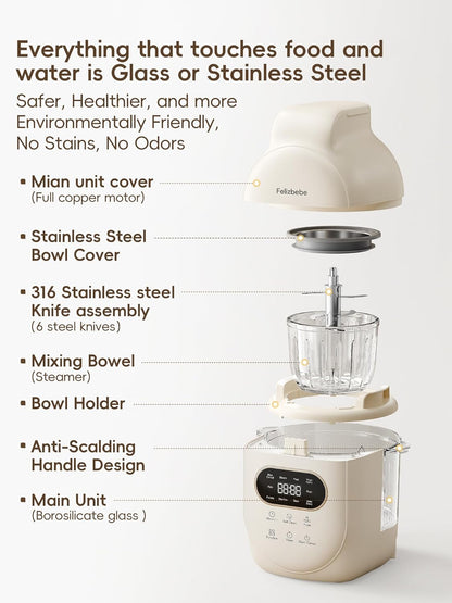 Glass Baby Food Maker Steamer and Blender,One Step Auto Baby Food Processor Puree Maker Grinder Mills,Glass Bowl with 316 Stainless Steel Blades,Auto Cooking,Self Clean,Timer,BPA-Free