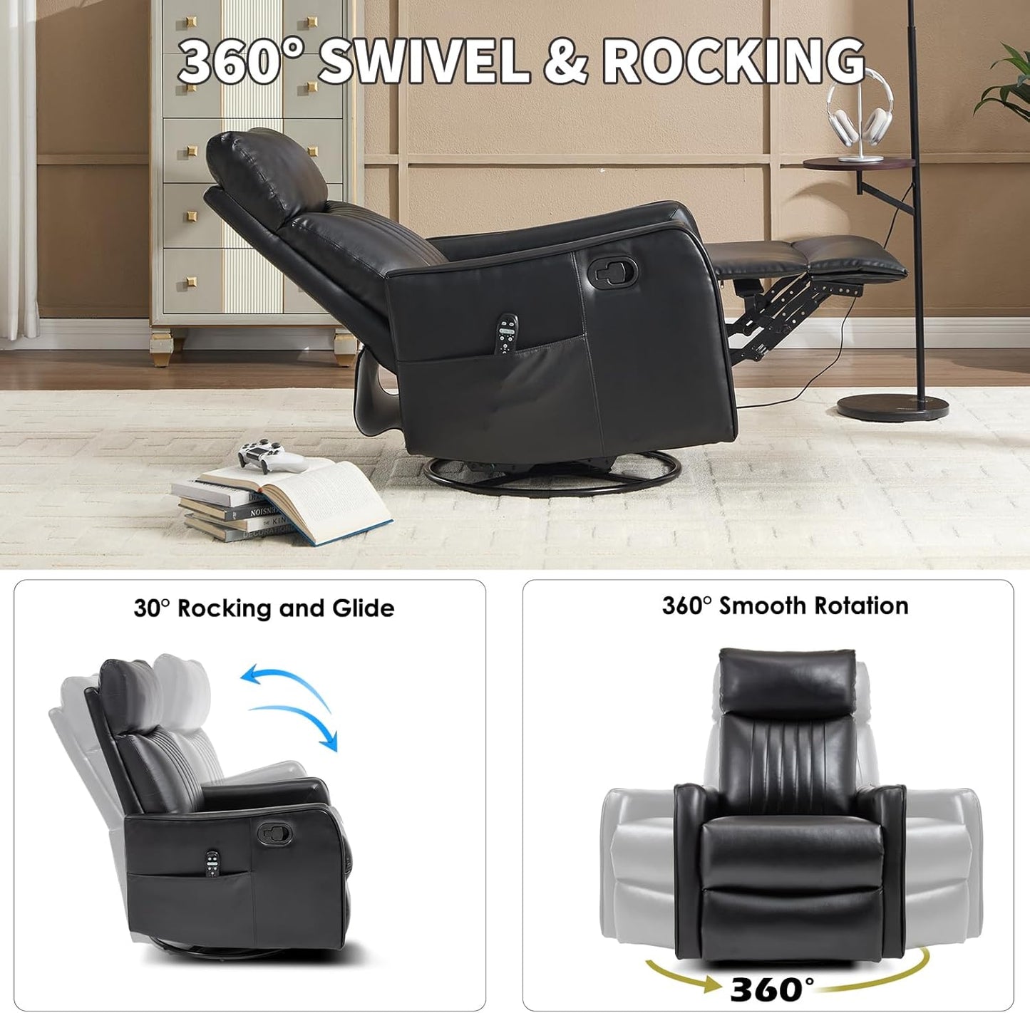 Trustyue Swivel Rocker Recliner Chair, 360° Swivel Recliner with Heat and Massage, Rocker Recliner Nursery Glider Chair with Side Pockets for Living Room (Beige, Fabric)