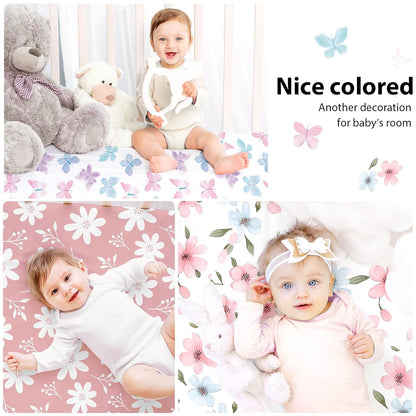 Baby Mini Crib Sheets Girl, Portable 38”x26” Pack and Play Sheets Fitted for Playard and Pack N Play Mattress, 3-Pack Soft Microfiber Pink Rainbow