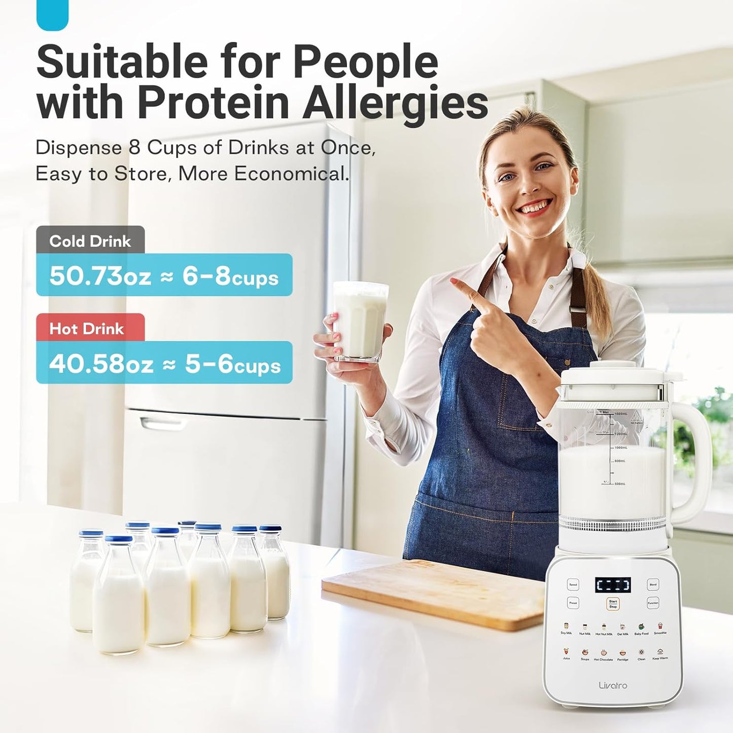 50.73oz Nut Milk Maker Machine: 12-in-1 Automatic Soy Milk Maker with Detachable Design, Homemade Juice,Almond,Oat Milks for Plant-Based Milks, 24H Delay Start/Keep Warm/Auto-Clean/Safety Lock