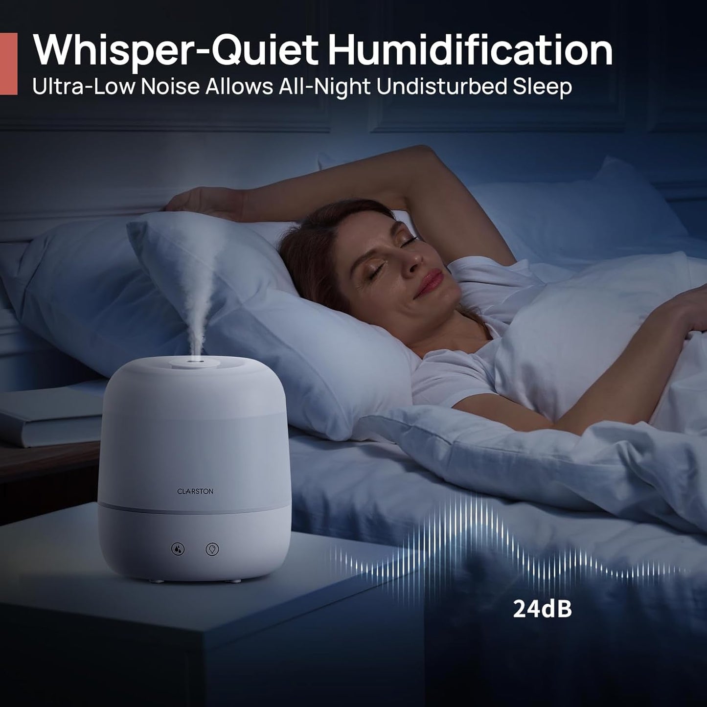 Clarston Humidifiers for Bedroom, 2L Top Fill with 360° Nozzle for Large Room, 7-Color Night Light, 24dB Quiet Cool Mist Air Humidifier for Baby Nursery & Plants, No BPA, Auto Shut Off, Easy to Clean