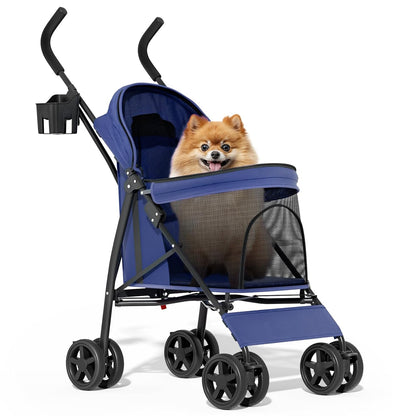 MoNiBloom 4 Wheels Pet Stroller, Easy-Fold Puppy Cage Jogger Stroller with Sun Cover, Pad and Rear Storage Bag, Breathable and Visible Mesh for Small/Medium Pets up to 22 lbs, Black
