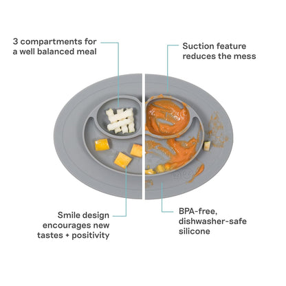 ezpz Mini Mat (Blush) - 6 -12 Months+ - 100% Silicone Suction Placemat + Divided Plate with Three Compartments - Supports Baby-Led Weaning - Designed for Highchair, Table, and Travel