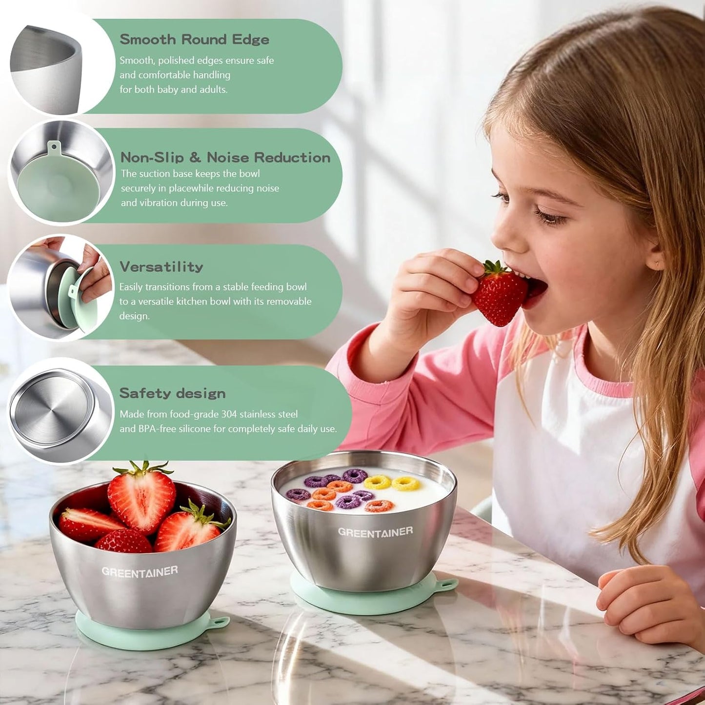 Greentainer Stainless Steel Baby Bowl Set of 3, Double Wall Insulated, Unbreakable Toddler Bowls with Removable Silicone Suction Base, Non-Slip, Dishwasher Safe, BPA-Free for Infants 6+ Months (Green)