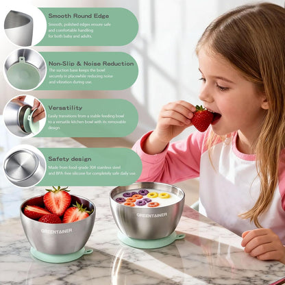 Greentainer Stainless Steel Baby Bowl Set of 3, Double Wall Insulated, Unbreakable Toddler Bowls with Removable Silicone Suction Base, Non-Slip, Dishwasher Safe, BPA-Free for Infants 6+ Months (Green)