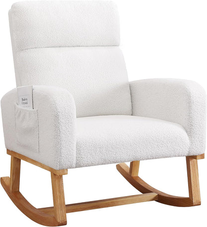 Rocking Chair Nursery, Upholstered Nursing Rocker Chair for Mom with High Backrest and Side Pockets for Bedroom Living Room, Beige