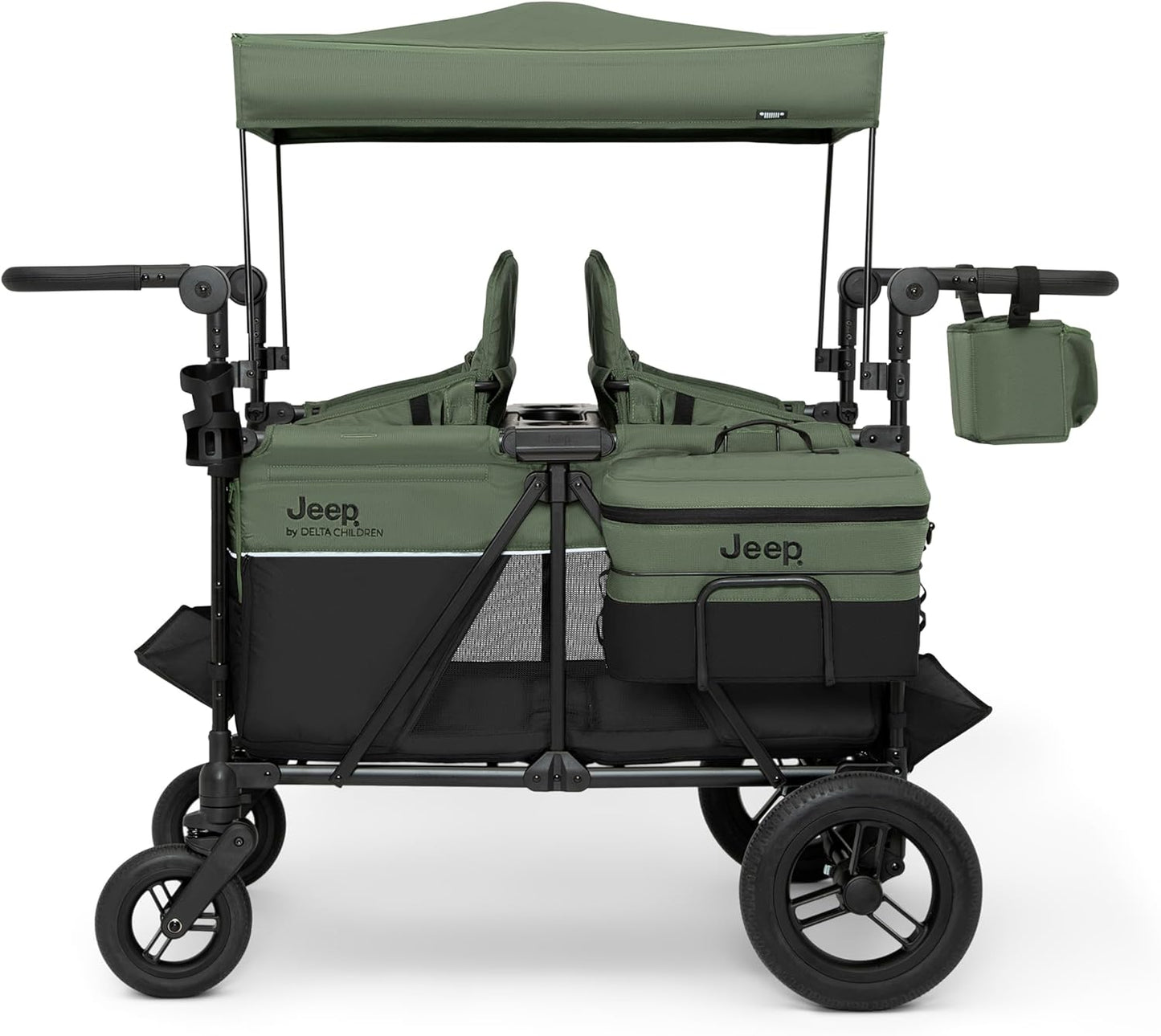 Jeep Wrangler Deluxe 4 Seater Stroller Wagon by Delta Children - Premium Quad Stroller Wagon for 4 Kids with Convertible Seats, Adjustable Push/Pull Handles, Removable Canopy & Flat Fold, Grey