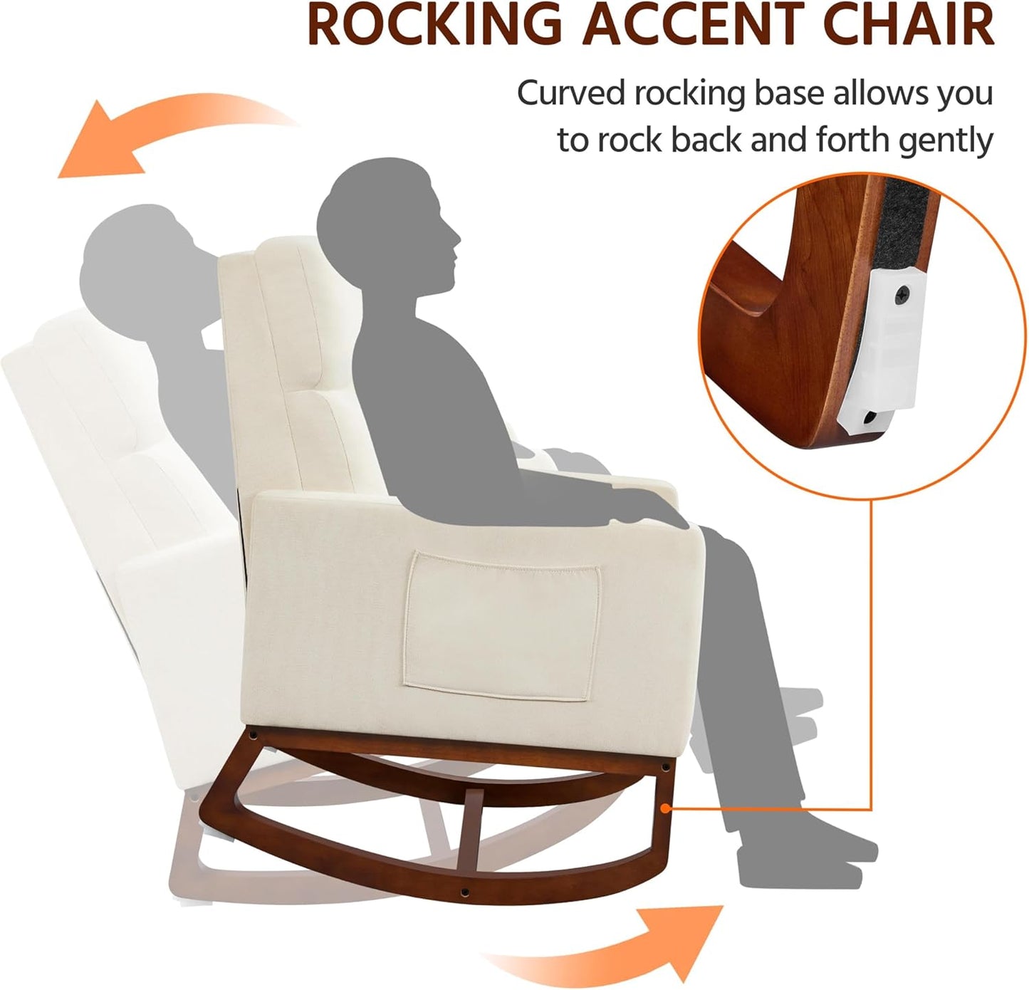 Yaheetech Upholstered Rocking Chair, Boucle Glider Chair Nursery Chair with High Back and Side Pocket, Rocking Accent Armchair with Rubber Wood Legs for Living Room/Bedroom/Nursery, Ivory
