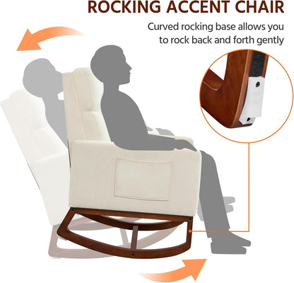 Yaheetech Upholstered Rocking Chair, Boucle Glider Chair Nursery Chair with High Back and Side Pocket, Rocking Accent Armchair with Rubber Wood Legs for Living Room/Bedroom/Nursery, Ivory