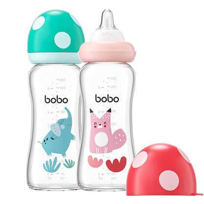 YOHKOH Natural Glass Baby Bottle with Level 1 Slow Flow Nipple, Newborn Anti-Colic Baby Bottles, Wide Neck Mushroom Baby Glass Bottle (Multicolour-A, 3.4oz (Pack of 4))