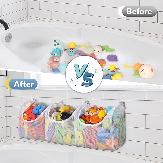Bath Toy Storage, Large Capacity 3 Compartments Bathtub Toy Storage, Opening Bath Tub Toy Holder Organizer, Mesh Shower Caddy for Kids Baby Bathroom Toy
