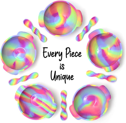 PrimaStella Unbreakable Silicone Non-Slip Bowl and Chew Spoon Set for Babies and Toddlers (Rainbow Swirl)