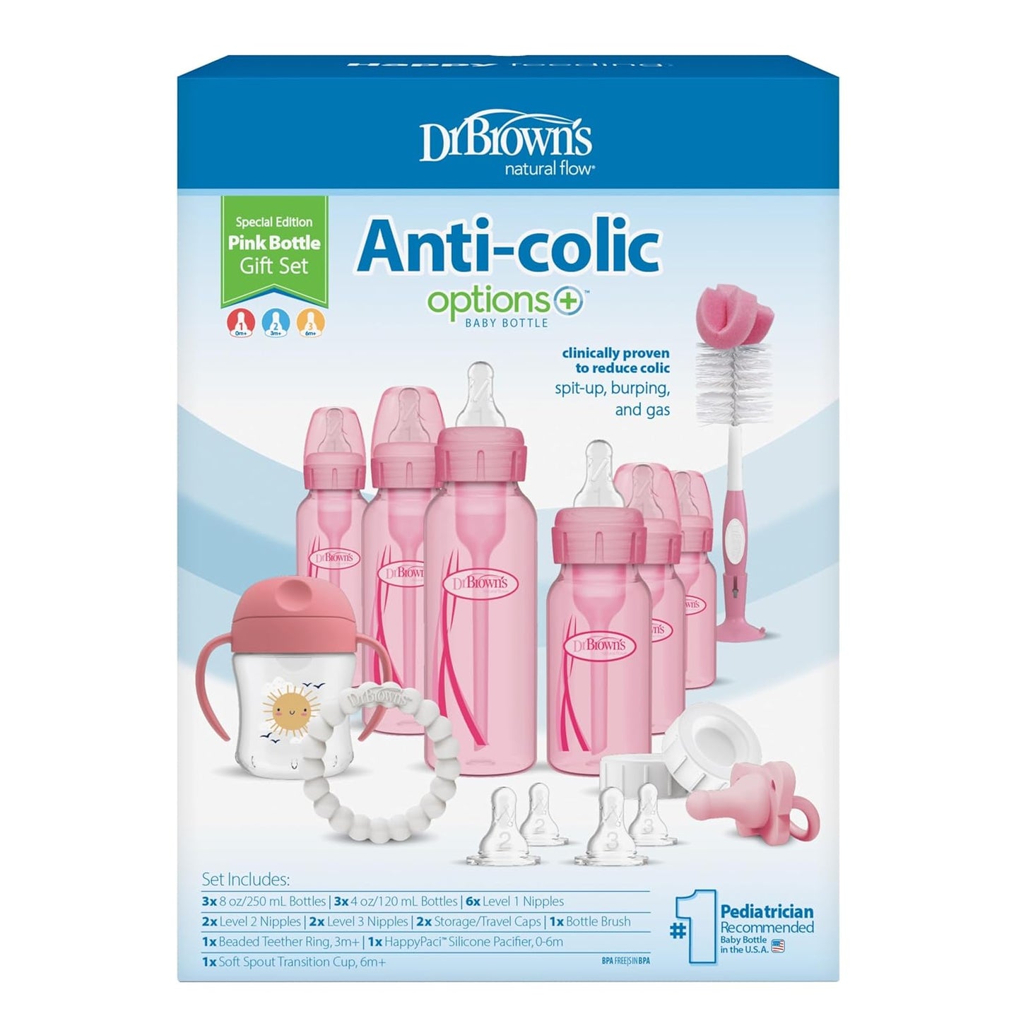 Dr. Brown's Anti-Colic Options + Narrow Bottle to Sippy Gift Set with Soft Silicone Sippy Spout, Removable Silicone Handles, Travel Cap and Bottle Brush (Packaging/Brush Color May Vary)