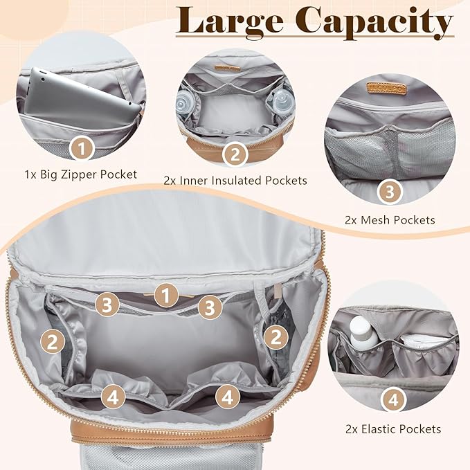 Diaper Bag Backpack, Neoprene Bag Backpack, Large Diaper Backpack with 16 Diaper Bag Organizers, 4 Insulated Pockets, Lighweight Travel Baby Bag with Changing Pad for Mom & Dad, Brown