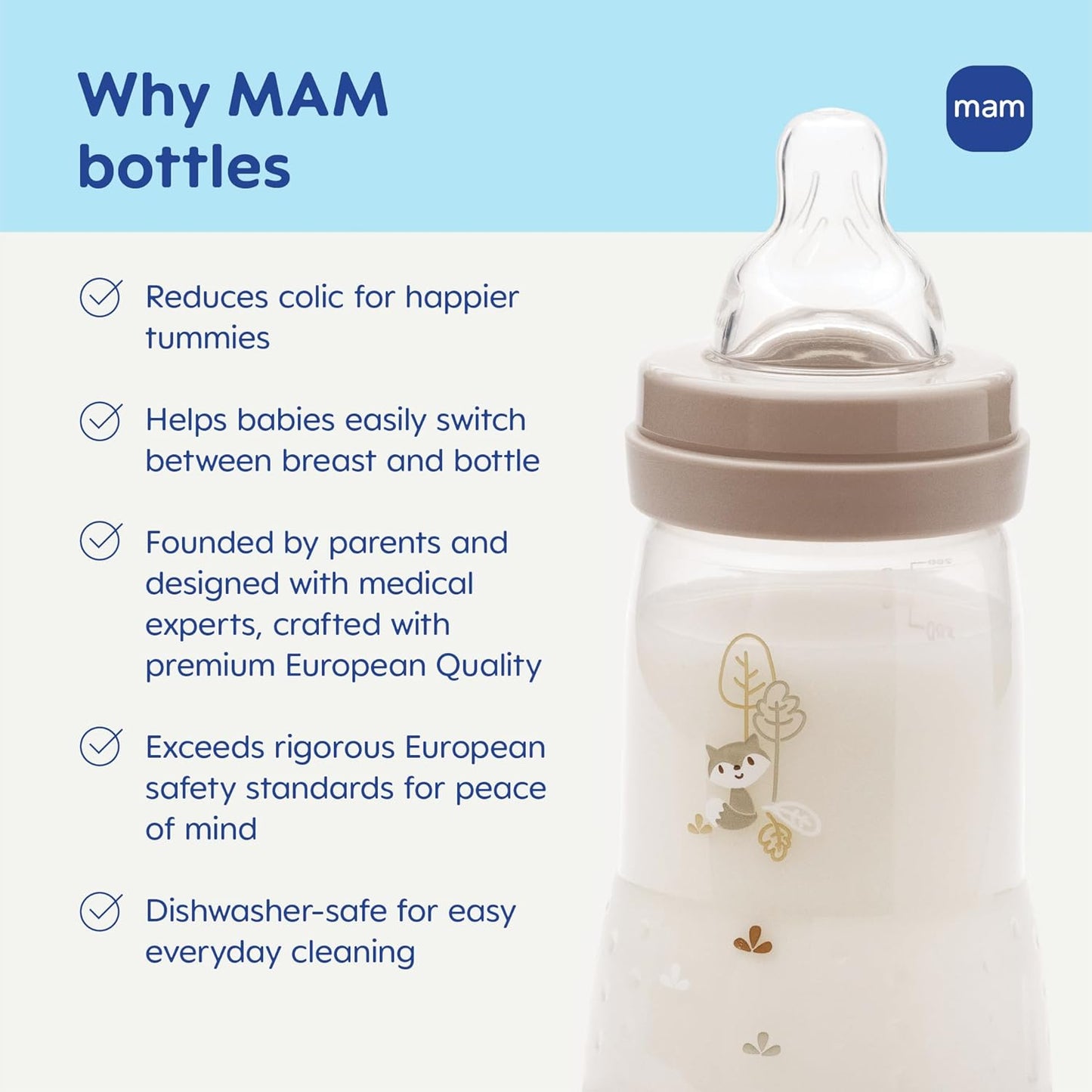 MAM 9oz Easy Start Anti-Colic+ Wide Neck Baby Bottle, Medium Flow Breastfeeding-Like Nipple, Reduces Colic Gas & Reflux, Easy To Clean, BPA Free, 2+ Months, Made In Europe, Bonus Fast Flow Nipple, Boy