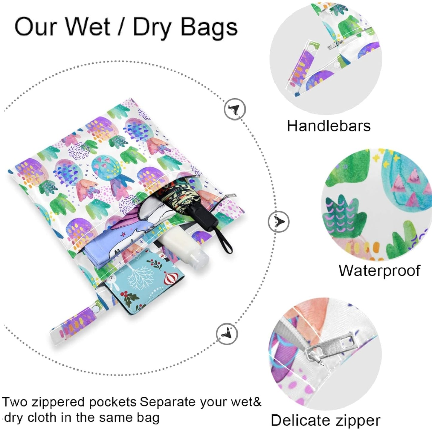 visesunny Kids Doodle Style Funny Whales And Colorful Fish 2Pcs Wet Bag with Zippered Pockets Washable Reusable Roomy for Travel,Beach,Pool,Daycare,Stroller,Diapers,Dirty Gym Clothes, Wet Swimsuits, T