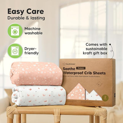 2-Pack Waterproof Crib Sheets for Boys, Girls - 52x28 Fitted Organic Cotton Baby Crib Sheets, Toddler Mattress Protector Cover, Washable, Soft & Durable Baby Bedding Essentials (Butterflies)