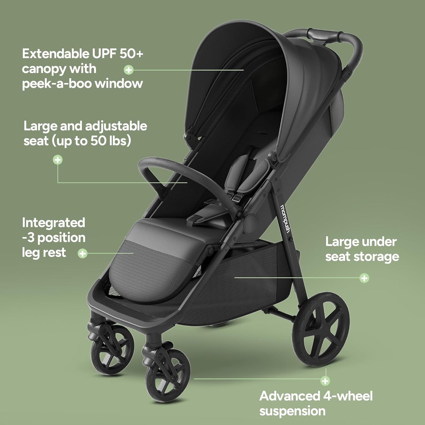 Mompush Nova Infant Baby Stroller for Newborn to Toddler, Oversized Seat up to 50 lbs, All-Terrain 10" Wheels & Suspension, One-Hand Fold; Lie-Flat Mode; UPF 50+ Canopy