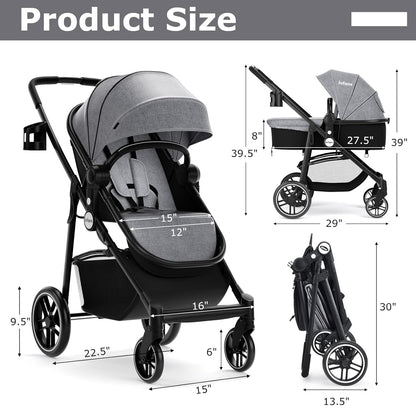 INFANS 2 in 1 Baby Stroller, High Landscape Infant Stroller & Reversible Bassinet Pram, Foldable Pushchair with Adjustable Canopy, Storage Basket, Cup Holder, Suspension Wheels (Black)
