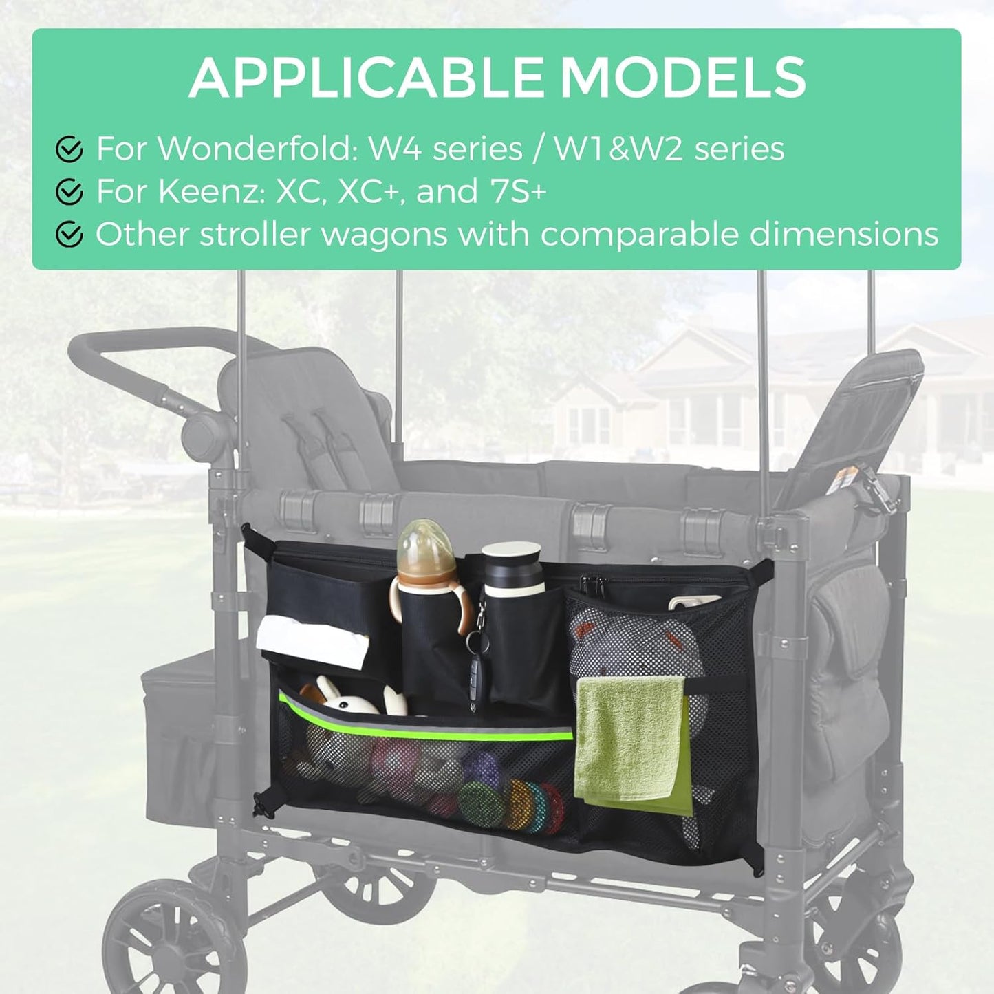 Stroller Wagon Cargo Net,Double-Layer Side Pockets Attachment for WONDERFOLD,Foldable Mesh Sorting Organizer Bag with Extra Storage Space