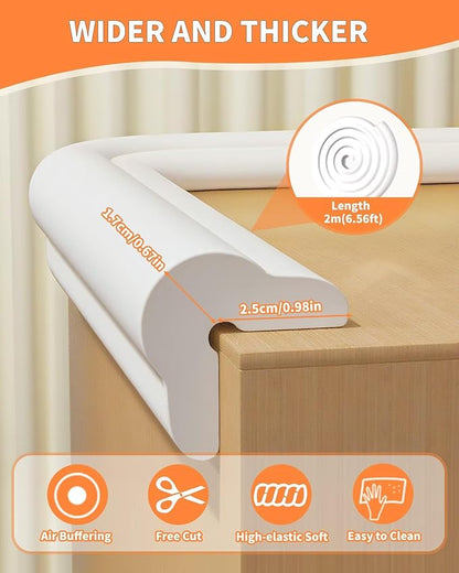 Edge Protector for Baby Proofing, 6.6FT 0.67’’Th L-Shape Air Buffering Soft NBR Rubber Foam Furniture Edge Bumper Guards with 6 Corners, Pre-Taped, Thick Table Bumper Guard for Babies (White-gray)