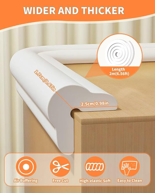 Edge Protector for Baby Proofing, 6.6FT 0.67’’Th L-Shape Air Buffering Soft NBR Rubber Foam Furniture Edge Bumper Guards with 6 Corners, Pre-Taped, Thick Table Bumper Guard for Babies (White-gray)