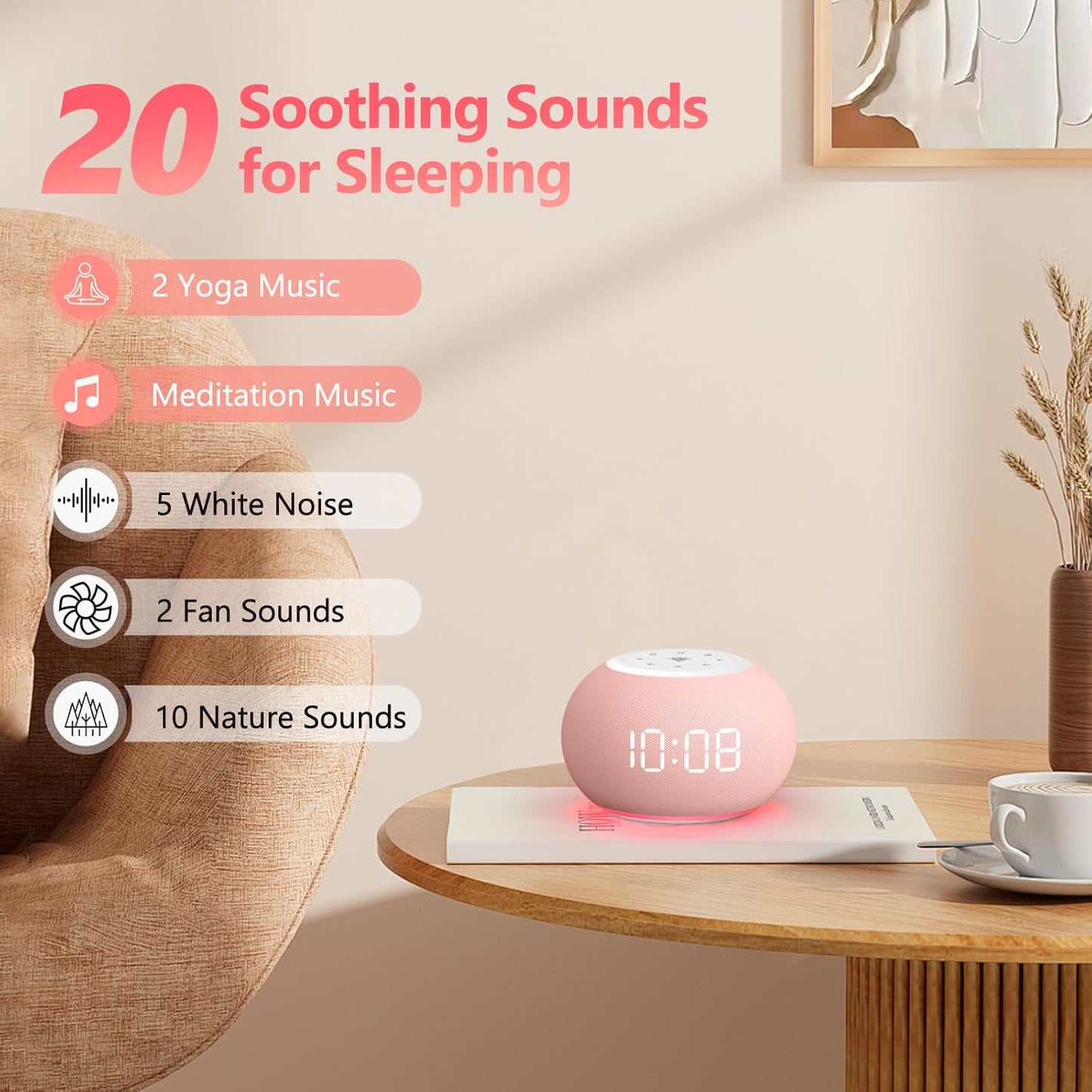 Reacher Auto-Dimmable Alarm Clock White Noise Machine with Night Light, 20 Soothing Sounds, Sleep Timer, Fabric LED Display, Precise Volume Control, Small Sound Machine for Nursery, Baby