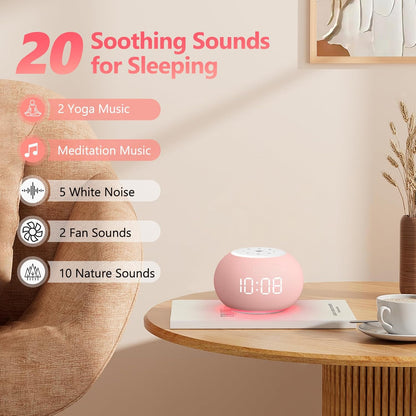 Reacher Auto-Dimmable Alarm Clock White Noise Machine with Night Light, 20 Soothing Sounds, Sleep Timer, Fabric LED Display, Precise Volume Control, Small Sound Machine for Nursery, Baby