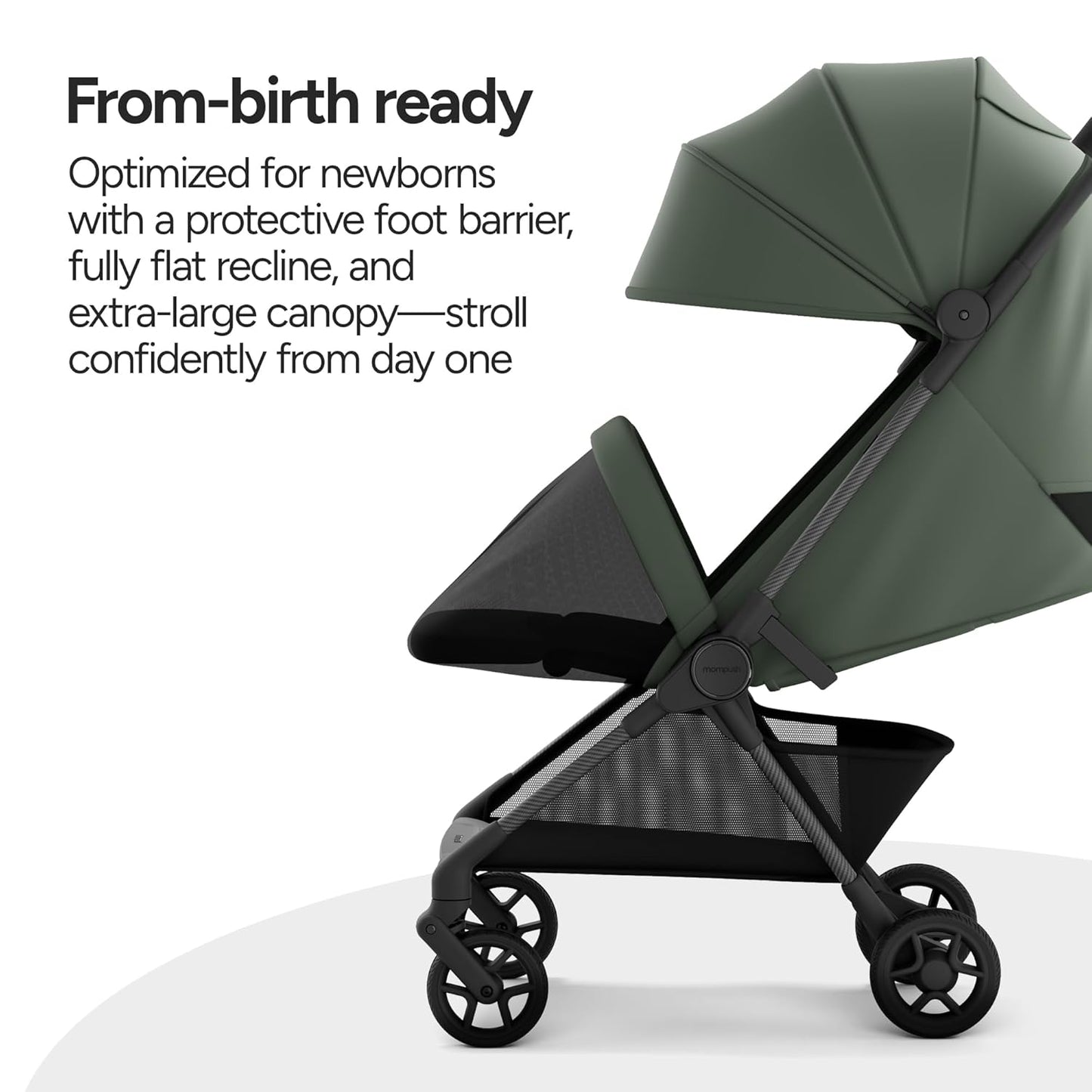Mompush Nexis Carbon Travel Stroller, Ultra-Lightweight 11.5 lbs, Compact & Airplane Carry-On Approved, One-Second Auto-Fold, One-Hand Full Recline, from Birth to 50 lbs, JPMA Certified, Black