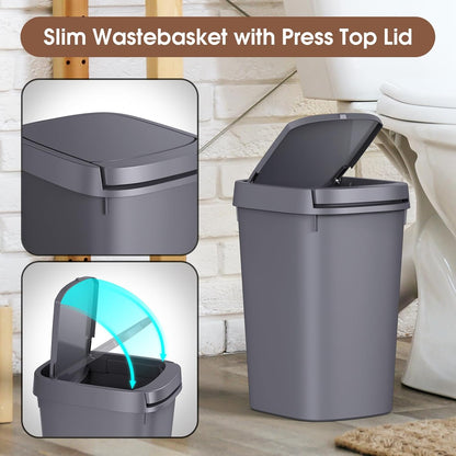 CEROELDA 3 Pack Bathroom Trash Can with Lid, 10L/2.6 Gal Small Garbage Can with Press Top Lid, Slim Plastic Waste Basket for Toilet, Office, Bedroom (Muti 1)