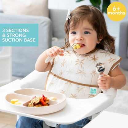 Bumkins Toddler and Baby Suction Plate, Divided Grip Dish for Babies and Kids, Baby Led Weaning, Feeding Supplies, Sticks to Tables and Highchairs, Platinum Silicone, for Chidren 6 Months, Gray