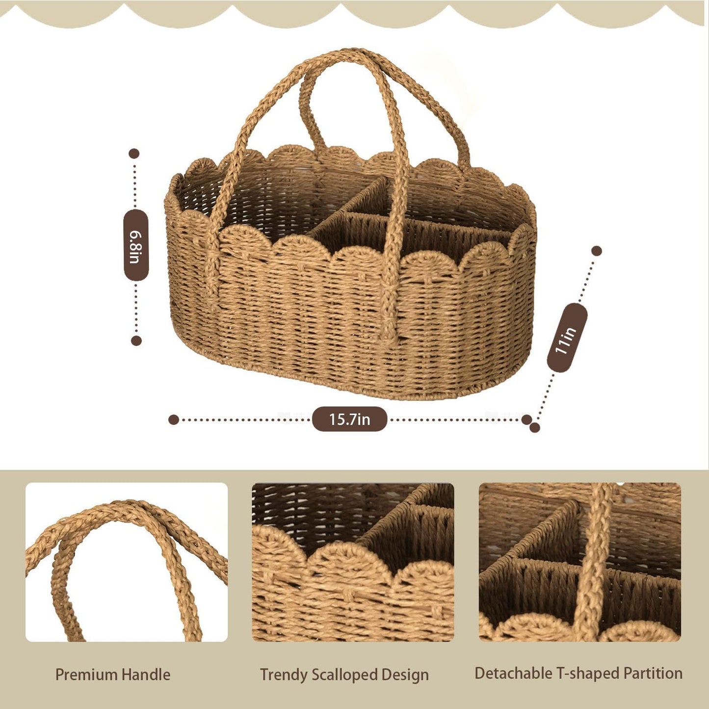 Diaper Caddy Organizer, Paper Rope Storage Baskets Nursery Bin with Removable Divider, Portable Car Organizer for Diapers, Baby Shower Gifts, Newborn Essentials Must Haves