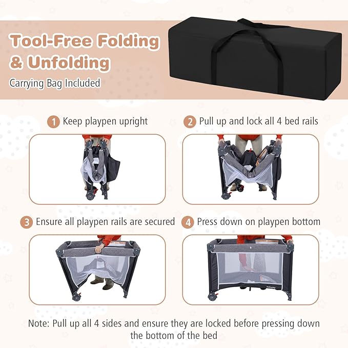 BABY JOY 3 in 1 Pack and Play, Travel Crib Bassinet Bed for Baby, Changing Table w/Safety Belt, Toy Bar, Lockable Wheels, Portable Baby Playard from Newborn to Toddler