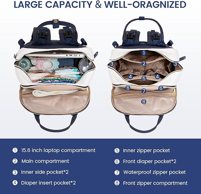 LOVEVOOK Diaper Bag Backpack, Baby Bag with Changing Pad, Large Diaper Backpack Boy Girl, Waterproof Baby Registry Bag for Mom Dad with Stroller Buckles, Dark Blue-beige