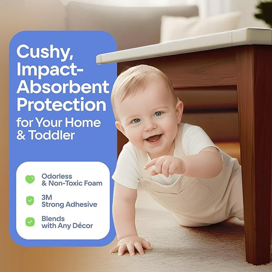 Furniture Edge 16.2ft & Corner Guards | Protective Foam Cushion | 15ft Bumper 4 Adhesive Childsafe Corners | Baby Proofing Foam Set and Safe for Table, Fireplace, Countertop | Brown