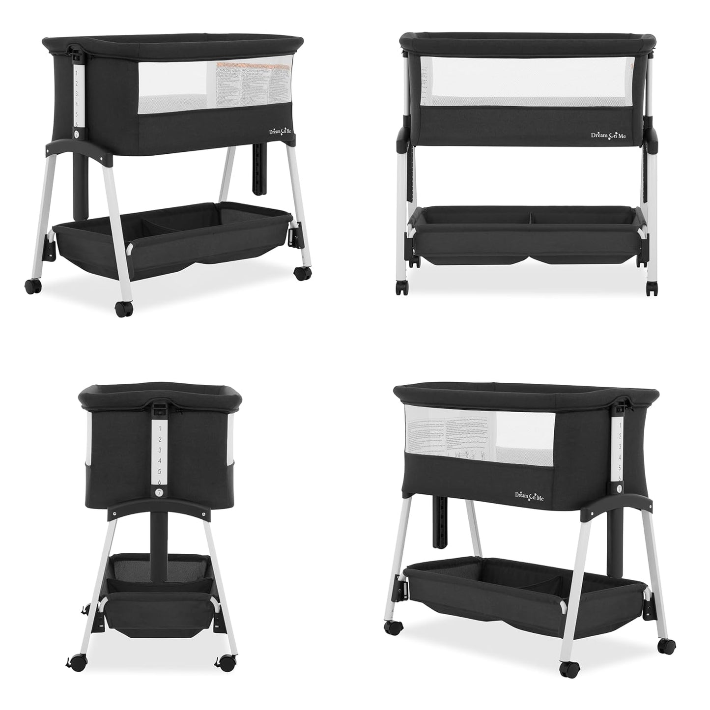 Dream On Me Calypso Portable Bassinet with Wheels, Adjustable Height Bedside Sleeper, Foldable Baby Bassinet with Breathable Mesh Sides, Foam Mattress, Easy Mobility & Travel-Friendly Design - Black