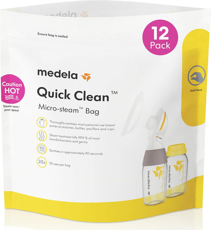 Medela Quick Clean Microwave Sterilizer Bags for Bottles and Breast Pump Parts, Reusable Up to 20 Times Per Bag, Food-Grade Material, Made Without BPA, Pack of 12
