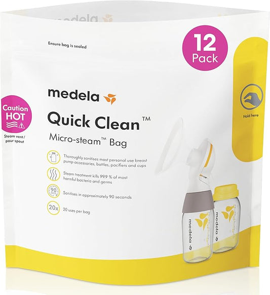 Medela Quick Clean Microwave Sterilizer Bags for Bottles and Breast Pump Parts, Reusable Up to 20 Times Per Bag, Food-Grade Material, Made Without BPA, Pack of 12