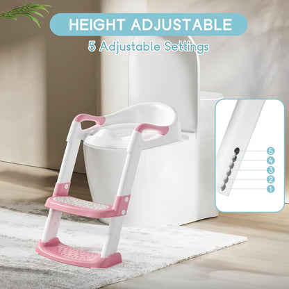 COOSEYA Potty Training Toilet with Step Stool Ladder, Toddler Kids Potty Training Seat for Boys Girls, Foldable Anti-Slip Toilet Toddler Seat Splash Guard Soft Cushion Safety Handles (Grey)