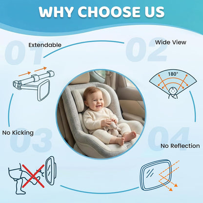 Baby Car Mirror for Rear Facing Seat, Extendable Arm Car Seat Mirror for Baby, Shatterproof Wide View Backseat Mirror, 360° Adjustable Stable Hook Clip Baby Mirror, Newborn Essentials